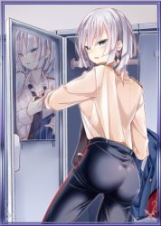 00s 1girl 218 alexis_hilden blue_eyes breasts cleavage collarbone female_focus locker locker_room lowres mirror senjou_no_valkyria senjou_no_valkyria_(series) senjou_no_valkyria_2 short_hair silver_hair solo