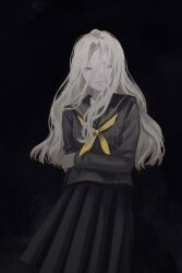 1girl absurdres black_background highres konishi_saki light_smile long_hair looking_at_viewer machihazure persona persona_4 school_uniform serafuku skirt solo white_eyes white_hair yasogami_school_uniform