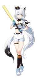 1girl animal_ears baseball baseball_bat baseball_cap baseball_uniform black_socks blue_gloves fox_ears fox_girl fox_tail gloves hat holding holding_baseball_bat hololive izumi_sai long_hair midriff nippon_professional_baseball official_art pentagram shirakami_fubuki shoes shorts sneakers socks sportswear tail transparent_background virtual_youtuber white_hair white_shorts yomiuri_giants