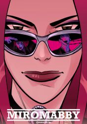 1girl 2boys abby_(kpop_demon_hunters) absurdres brown_eyes challengers_(movie) choker close-up closed_mouth commentary demon english_commentary eyeshadow fangs highres kpop_demon_hunters long_hair makeup mira_(kpop_demon_hunters) mmeira_m multiple_boys open_mouth pink_background pink_hair purple_eyeshadow red_lips reflection romance_(kpop_demon_hunters) sunglasses twitter_username