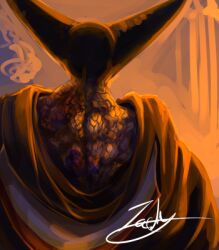 1boy back back_focus colored_skin commentary_request dragon_boy dragon_lord dragon_quest dragon_quest_i from_behind grey_robe horns kale lowres male_focus monster_boy purple_scales purple_skin robe scales signature solo