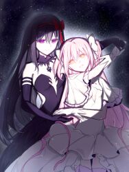 2girls akemi_homura akuma_homura black_background black_dress black_gloves black_hair bow bow_hairband dancing dress elbow_gloves eye_contact frilled_dress frills gloves hair_bow hairband highres kaname_madoka long_hair looking_at_another mahou_shoujo_madoka_magica mahou_shoujo_madoka_magica:_hangyaku_no_monogatari multiple_girls pink_eyes pink_hair red_hairband risheng_yueyin smile two_side_up ultimate_madoka upper_body white_dress white_gloves