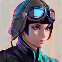 1girl black_hair blunt_bangs brown_eyes closed_mouth commentary_request goggles hat ilya_kuvshinov lips original photoshop_(medium) portrait short_hair solo