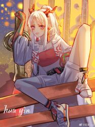 1girl arknights arm_up bandeau black_socks braid chinese_commentary chinese_new_year coat colored_extremities commentary_request crop_top dragon_girl dragon_horns earrings full_body highres horns hua_yin_ovo jewelry looking_at_viewer medium_hair nian_(arknights) open_clothes open_coat open_mouth pointy_ears purple_eyes red_bandeau shoes shorts sitting smile socks solo strapless tube_top watermark weibo_watermark white_coat white_hair white_shoes white_shorts