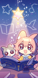 1girl big_dipper blue_eyes book constellation highres inkwell low_twintails night night_sky open_mouth original pink_hair quill sitting sky smile solo sparkle stellated_octahedron table twintails xiao_hutu xiaohutu