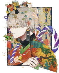 1boy absurdres akabeko bell earrings flower folding_fan gold_ring green_nails hair_ornament hair_over_one_eye hand_fan highres holding holding_fan horns japanese_clothes jewelry looking_at_viewer original parted_lips shira_mame93 smoke smoke_trail solo sunflower talisman tassel teeth turtleneck yellow_eyes