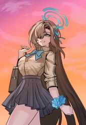 1girl asuna_(blue_archive) asuna_(school_uniform)_(blue_archive) bag blonde_hair blue_archive blue_bow blue_eyes blue_ribbon blue_skirt bow bowtie breasts chopingme commentary english_commentary evening grin gyaru hair_ribbon halo high-waist_skirt highres kogal large_breasts long_hair pleated_skirt ribbon school_bag school_uniform scrunchie skirt sky smile star_(sky) starry_sky swept_bangs teeth very_long_hair walking wrist_scrunchie