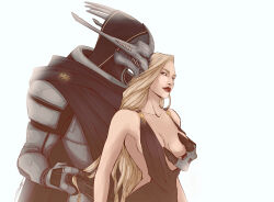 1boy 1girl alien alternate_costume black_dress blonde_hair breasts caressing_hair commander_shepard commander_shepard_(female) couple deviantart dress groping_breast hand_on_another&#039;s_chest long_hair lrtrevelyan mass_effect_(series) medium_breasts red_lips saren_arterius smelling smelling_hair turian