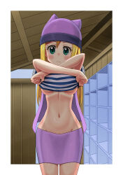 1girl blonde_hair blush border breasts changing_room closed_mouth commentary_request cowboy_shot derivative_work digimon digimon_frontier els_(ljhlee12) green_eyes groin hair_between_eyes hat highres indoors korean_commentary long_hair looking_at_viewer medium_breasts navel no_bra open_clothes open_vest orimoto_izumi pencil_skirt purple_hat purple_skirt purple_vest screenshot_redraw shelf shirt short_sleeves sidelocks skirt solo standing stomach striped_clothes striped_shirt underboob undressing vest white_border