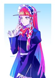 1girl absurdres alternate_costume artist_name black_jacket black_skirt blunt_bangs bow bowtie closed_mouth cowboy_shot frilled_hairband frills gekkoukan_high_school_uniform gradient_background hair_ribbon hairband hashtag-only_commentary highres jacket long_hair long_sleeves persona persona_3 pinkpio1 red_bow red_bowtie red_hair ribbon school_uniform sidelocks skirt solo three_quarter_view white_ribbon yellow_eyes yoshino_chidori