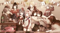 6+girls :d ;d ahoge anniversary apron banako_(yumeutsutsu) bare_shoulders barefoot black_dress black_hair black_shrug blonde_hair blue_eyes blue_hair blue_shirt breasts can cardigan cleavage cleavage_cutout closed_mouth clothing_cutout coat collared_shirt color_filter cup curtained_hair daigo_honoka dog dress dress_shirt drink_can drinking_glass eye_contact food food_request frilled_dress frills game_cg garter_straps glasses grey_coat grey_hat grey_jacket grey_socks hair_ornament hairclip hat headband headpat high_ponytail holding holding_cup holding_hands hug incest indian_style indoors interlocked_fingers jacket juliet_sleeves kneeling large_breasts light_particles long_hair long_sleeves looking_at_another maid majo_(yumeutsutsu) marie_mahler medium_breasts medium_skirt mugendo_saki multiple_girls navel nie_(yumeutsutsu) no_shoes non-web_source off-shoulder_shirt off_shoulder official_art on_bed one_eye_closed one_side_up open_cardigan open_clothes open_coat open_mouth otori_ai pencil_skirt pink_hair pink_headband pink_shirt pleated_skirt police police_uniform policewoman ponytail puffy_short_sleeves puffy_sleeves red_dress red_jacket red_shirt revealing_clothes semi-rimless_eyewear sepia shirt short_dress short_hair short_shorts short_sleeves shorts shrug_(clothing) siblings sidelocks sisters sitting skirt smile socks spoilers st_bernard string_of_flags tachibana_nana the_end_(phrase) thighhighs tongue tongue_out track_jacket translation_request tumbler_glass under-rim_eyewear very_long_hair white_apron white_dress white_shirt white_thighhighs yanagiya_kokoro yellow_cardigan yumeutsutsu_re:master yuri