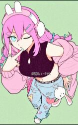 1girl alternate_hairstyle animal_ear_headphones animal_ears aubrey_(faraway)_(omori) aubrey_(omori) blue_bow blue_eyes bow breasts cellphone charm_(object) crop_top denim fake_animal_ears forest_bunny?_(omori) green_background hair_bow headphones jacket jeans jewelry long_hair long_sleeves looking_at_viewer medium_breasts nail_polish navel official_alternate_costume omori one_eye_closed pants parted_lips phone pink_hair pink_jacket rabbit_ear_headphones rami_1300 ring shoes simple_background smartphone sneakers solo torn_clothes torn_jeans torn_pants v
