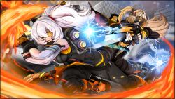 2girls absurdres blonde_hair dynamic_pose fire gun highres holding holding_weapon multiple_girls rifle skymedicpro sniper_rifle soldier_11_(zenless_zone_zero) trigger_(zenless_zone_zero) weapon white_hair yellow_eyes zenless_zone_zero