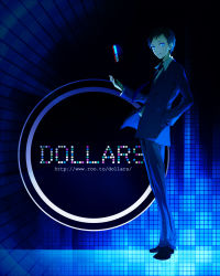 1boy bad_id bad_pixiv_id black_hair black_shoes blazer blue_background blue_eyes blue_jacket blue_necktie blue_pants blue_theme cellphone collared_shirt durarara!! from_side glowing hand_in_pocket jacket light_smile long_sleeves looking_at_viewer male_focus necktie outstretched_hand pants parted_lips phone ria_(rilpoppo) ryuugamine_mikado school_uniform shirt shoes solo standing tossing watermark web_address white_shirt