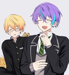 Rule 34 | 2boys, anger vein, bespectacled, blonde hair, blue hair, buttons, closed eyes, collared shirt, commentary request, diagonal-striped clothes, diagonal-striped necktie, fox, gakuran, glasses, gradient hair, green necktie, grey background, hand up, highres, ichigo ichie na hyakki yagyou!? (project sekai), kamishiro rui, korean commentary, lapels, long sleeves, multicolored hair, multiple boys, n (kwoeix), necktie, notched lapels, official alternate costume, official alternate hairstyle, open mouth, orange hair, project sekai, purple hair, raccoon, school uniform, shirt, short hair, simple background, streaked hair, striped clothes, sweater, tenma tsukasa, two-tone hair