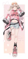 1girl :o absurdres azusawa_kohane black_choker black_socks blonde_hair blue_shorts blush border brown_eyes choker commentary crop_top cropped_hoodie english_commentary eyewear_on_head full_body gradient_background hands_up highres hood hood_down hoodie long_sleeves looking_at_viewer medium_hair midriff musical_staff myon_rio navel open_mouth orange-tinted_eyewear outside_border pink_background pink_hoodie project_sekai shoes shorts sleeves_past_fingers sleeves_past_wrists sneakers socks solo standing standing_on_one_leg sunglasses tinted_eyewear torn_clothes torn_shorts twintails white_border white_shoes yellow_background