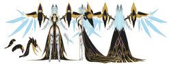 1girl absurdres arms_at_sides black_dress blue_hair boots breasts circlet commission crystal_wings dress flat_color from_behind from_side full_body gauntlets gold_trim high_heel_boots high_heels highres large_breasts long_hair looking_at_viewer multiple_views mytea_(soso) no_panties original reference_sheet skeb_commission solo standing tentacle_clothes tentacles thigh_boots white_background yellow_eyes