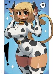 ! 1girl animal_ears animal_print arms_up bell belt black_belt black_eyes blonde_hair blue_background blush braid breasts collar cow_ears cow_girl cow_horns cow_print cow_tail cowbell dark_skin dress fingerless_gloves gloves grin heart horns large_breasts long_hair long_sleeves looking_at_viewer miu_(tony_welt) neck_bell original print_dress print_gloves print_thighhighs single_braid smile sparkle speech_bubble spoken_heart standing tail teeth thick_thighs thighhighs thighs tony_welt white_dress white_gloves white_thighhighs wide_hips