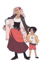 1boy 1girl absurdres aged_down black_boots black_corset black_hair boots commentary corset english_commentary epaulettes flower freckles gloves hair_flower hair_ornament hand_on_own_hip highres long_hair long_sleeves mother_and_son natade_art one_piece pink_hair portgas_d._ace portgas_d._rouge short_hair simple_background skirt smile wavy_hair white_background white_gloves