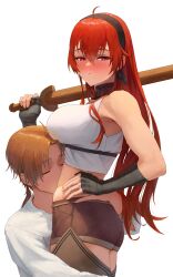 Rule 34 | 1boy, 1girl, absurdres, ahoge, aqwariate, arm wrap, black hairband, blush, breast rest, breasts, breasts on head, brown hair, brown shorts, closed eyes, commentary, cowboy shot, crop top, english commentary, eris greyrat, from side, hair between eyes, hairband, hand on another&#039;s hip, hetero, highres, holding, holding sword, holding weapon, kissing stomach, large breasts, long hair, looking to the side, low ponytail, mushoku tensei, over shoulder, ponytail, red eyes, red hair, rudeus greyrat, shirt, short shorts, shorts, simple background, sleeveless, sleeveless shirt, standing, sweat, sword, very long hair, weapon, weapon over shoulder, white background, white shirt, wooden sword