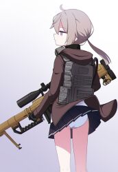 Rule 34 | 1girl, ahoge, black gloves, black skirt, bolt action, brown hair, brown jacket, cheytac m200, closed mouth, clothes lift, commentary, english commentary, from behind, girls&#039; frontline, gloves, gradient background, grey background, gun, highres, holding, holding gun, holding weapon, hood, hooded jacket, jacket, long hair, m200 (girls&#039; frontline), nanju bami, panties, pantyshot, pleated skirt, purple eyes, rifle, scope, simple background, skirt, skirt lift, sniper rifle, solo, underwear, weapon, white background, white panties, wind, wind lift