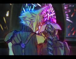 Rule 34 | 1boy, 1girl, aerith gainsborough, armor, black border, blonde hair, blue shirt, border, braid, braided ponytail, brown hair, cloud strife, couple, ff7 ree, final fantasy, final fantasy vii, final fantasy vii rebirth, final fantasy vii remake, fireworks, gondola, hair ribbon, hetero, holding another&#039;s arm, jacket, letterboxed, long hair, looking at another, pauldrons, pink ribbon, red jacket, ribbon, shirt, short hair, shoulder armor, sidelocks, single bare shoulder, single braid, single pauldron, sleeveless, sleeveless turtleneck, spiked hair, suspenders, turtleneck, upper body