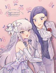 1boy 1girl :d artist_name ascot blush cherry commentary_request dress fire_emblem fire_emblem:_three_houses flower food formal_clothes fruit fruit_background hair_flower hair_ornament highres hino222hikari long_hair lorenz_hellman_gloucester lorenz_hellman_gloucester_(timeskip) lysithea_von_ordelia lysithea_von_ordelia_(timeskip) nintendo open_mouth pants pink_background purple_ascot purple_dress purple_eyes purple_hair purple_pants purple_suit purple_theme red_flower red_rose rose smile suit sweat white_flower