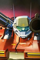 assault_visor commentary earth_federation green_visor guncannon_mp_type gundam gundam_0080 ishibashi_ken&#039;ichi mecha mobile_suit no_humans official_art portrait radio_antenna reflection robot scan science_fiction shoulder_cannon solo star_(sky) third-party_source
