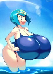 1girl angstrom ass blue_eyes blue_hair breasts female_focus game_freak gigantic_breasts highres lana_(pokemon) nintendo open_mouth oppai_loli pokemon pokemon_sm short_hair smile swimsuit