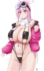 Rule 34 | 1girl, black slingshot swimsuit, blue archive, blush, breasts, commentary request, eimi (blue archive), goggles, goggles on head, halo, highres, huge breasts, ibara azuki, jacket, looking at viewer, navel, open clothes, open jacket, pink hair, pink halo, purple eyes, scarf, simple background, slingshot swimsuit, solo, swimsuit, white background, white scarf