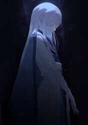 1girl bandaged_arm bandages bare_shoulders blue_archive blue_bow blue_haori bow colored_eyelashes expressionless hakama haori highres japanese_clothes long_hair looking_at_viewer nagusa_(blue_archive) s0lari_sub school_uniform serafuku shirt skirt solo white_eyelashes white_eyes white_hair white_shirt white_skirt
