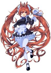 1girl :d absurdres alternate_costume animal_ears antenna_hair black_shoes breasts brown_hair commentary_request cup daiwa_scarlet_(umamusume) enmaided fang highres holding horse_ears horse_girl horse_tail kurokawa_heuy large_breasts long_hair maid open_mouth pantyhose red_eyes shoes skin_fang smile solo standing tail teacup twintails umamusume very_long_hair white_pantyhose