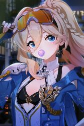 adjusting_goggles aged_down black_bra blonde_hair blue_eyes blue_jacket bra breasts chewing_gum chinese_commentary commentary_request durandal_(honkai_impact) durandal_(reign_solaris)_(honkai_impact) fingerless_gloves gloves goggles goggles_on_head highres honkai_(series) honkai_impact_3rd jacket long_hair looking_at_viewer m78_zaitaoaotezhanshi outdoors ponytail small_breasts underwear upper_body