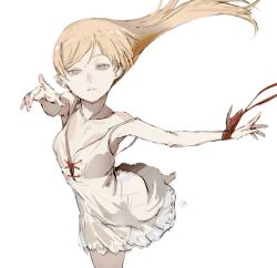 1girl blonde_hair dress floating_hair highres kiss-shot_acerola-orion_heart-under-blade long_hair looking_at_viewer monogatari_(series) oshino_shinobu outstretched_arms pointy_ears red_ribbon ribbon simple_background sleeveless sleeveless_dress solo taki_(a313131333) white_background white_dress yellow_eyes