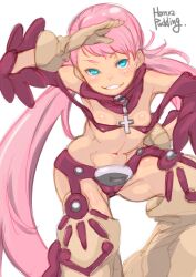 1girl bikini blue_eyes breasts bright_pupils cynthia_lane detached_sleeves highres long_hair long_sleeves looking_at_viewer navel overman_king_gainer puddinghomhom simple_background small_breasts solo swimsuit twintails upper_body white_background white_pupils