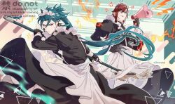 Rule 34 | 2boys, alternate costume, anger vein, angry, apron, artist name, black dress, black gloves, blue hair, closed mouth, commentary request, crossdressing, dress, earrings, egasumi, emu (3mecho), enmaided, fighting stance, fingerless gloves, fire, floating hair, frilled apron, frills, glasses, gloves, hair between eyes, hand on own hip, hand up, high ponytail, holding, holding megaphone, holding mop, jewelry, jiyan (wuthering waves), juliet sleeves, long hair, long sleeves, looking at viewer, low ponytail, maid, maid apron, maid headdress, male focus, megaphone, mop, mortefi (wuthering waves), multiple boys, parted bangs, ponytail, puffy sleeves, red eyes, red hair, scales, serious, sleeve cuffs, sparkle, standing, tassel, tassel earrings, triangle, twitter username, v-shaped eyebrows, very long hair, watermark, white apron, wuthering waves, yellow eyes