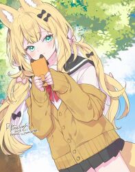 1girl animal_ear_fluff animal_ears artist_name black_bow black_sailor_collar black_skirt blonde_hair blush bow bowtie cardigan cellphone commentary cowboy_shot dated double-parted_bangs dutch_angle fingernails fox_ears fox_girl fox_tail fuwafuwa-chan_(kamiyoshi_rika) green_eyes hair_bow highres holding holding_phone kamiyoshi_rika light_smile long_hair looking_at_viewer low_twintails miniskirt original outdoors phone pink_bow pleated_skirt red_bow red_bowtie sailor_collar school_uniform serafuku shirt skirt sleeves_past_wrists smartphone solo standing tail tree twintails very_long_hair white_serafuku white_shirt yellow_cardigan