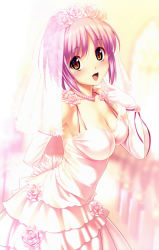 10s 1girl bare_shoulders blurry blush breasts bridal_veil bride church cleavage depth_of_field dress elbow_gloves covered_erect_nipples female_focus finger_to_face flower gloves highres hinata_hanabi jewelry koutaro necklace open_mouth pew pink_hair red_eyes scan short_hair smile solo tropical_kiss veil wedding_dress white_dress white_gloves