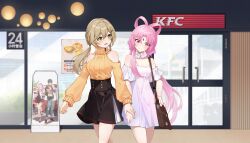 2girls absurdres ai_ke_le_de_xiao_hong averting_eyes bag black_skirt blush breasts brown_hair dress embarrassed forehead_jewel fu_xuan_(honkai:_star_rail) hair_between_eyes hair_ornament hair_rings hairclip high-waist_skirt highres holding_hands honkai:_star_rail honkai_(series) kfc long_hair looking_at_another medium_breasts medium_hair multiple_girls orange_sweater pink_dress pink_eyes pink_hair poster_(object) qingque_(honkai:_star_rail) shoulder_bag skirt strapless strapless_dress sweater very_long_hair walking yuri