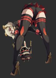 1girl :d absurdres artist_name ass bangboo_(zenless_zone_zero) bent_over black_jacket black_shorts boots burnice_white burnice_white_(cosplay) commentary cosplay crop_top flame_print from_behind full_body grey_background high_heels highres inkspirate jacket looking_at_viewer open_mouth orange-tinted_eyewear shorts simple_background skindentation smile solo spiked_jacket stiletto_heels strapless sunglasses thigh_boots thighs tinted_eyewear tube_top twitter_username zenless_zone_zero