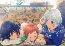 1girl 3boys alternate_costume black_hair blue_eyes blue_sweater book bowl child cup dangmill day dog food fruit green_shirt half-closed_eyes hand_in_another&#039;s_hair head_out_of_frame head_rest heen hetero howl_(howl_no_ugoku_shiro) howl_no_ugoku_shiro indoors kotatsu light_frown long_hair long_sleeves lying mandarin_orange markl mug multiple_boys on_stomach open_book red_hair shirt sleeping slice_of_life smile sophie_(howl_no_ugoku_shiro) sweater table white_hair white_shirt