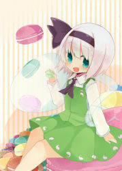 1girl :d aqua_eyes ascot bad_id bad_pixiv_id cookie food holding in_food konpaku_youmu konpaku_youmu_(ghost) looking_at_viewer macaron open_mouth oversized_object short_hair silver_hair sitting sitting_on_object smile striped_background touhou vertical_stripes yatani_row