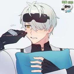 1boy black_gloves cheek_pinching cushion fingerless_gloves gloves grey_background grey_hair hair_over_one_eye holding_cushion pinching punishing:_gray_raven rapen01 sleep_mask wanshi_(pgr) white_hair yellow_eyes