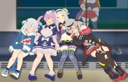 absurdres black_coat blue_dress coat commentary_request dress gawr_gura gawr_gura_(1st_costume) hair_ornament highres hololive interlocked_fingers kiryu_coco kiryu_coco_(1st_costume) kuronagirai minato_aqua minato_aqua_(1st_costume) murasaki_shion murasaki_shion_(1st_costume) pink_hair sakamata_chloe sakamata_chloe_(1st_costume) sitting skirt sleeping tail train_interior white_hair