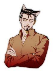 Rule 34 | 1boy, animal ears, avengers (series), black hair, cat ears, collared shirt, crossed arms, facial hair, highres, kemonomimi mode, long sleeves, looking afar, male focus, marvel, red shirt, shirt, short hair, simple background, solo, sweatdrop, teeth, the avengers: earth&#039;s mightiest heroes!, thendsherly, tony stark, upper body, white background, yellow eyes