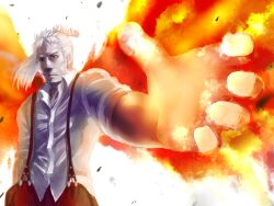 Rule 34 | 1boy, beard, bow, cigarette, closed mouth, collared shirt, commentary request, facial hair, fiery wings, fire, fujiwara no mokou, genderswap, genderswap (ftm), hair bow, high ponytail, looking at viewer, male focus, pants, ponytail, reaching, reaching towards viewer, red eyes, red pants, shirt, short hair, simotukiryuusi, simple background, smoke, smoking, solo, suspenders, touhou, upper body, white background, white bow, white hair, white shirt, wings