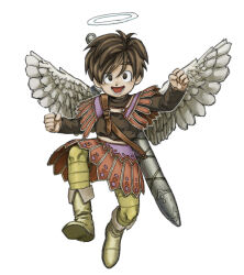 1boy :d angel angel_wings arm_up boots brown_boots brown_eyes brown_hair brown_shirt capelet clenched_hands commentary_request dragon_quest dragon_quest_ix feathered_wings full_body green_leggings halo hero_(dq9) highres leggings looking_at_viewer male_focus nogo_(nogo_059) open_mouth shirt short_hair smile striped_leggings sword sword_on_back weapon weapon_on_back white_background white_halo white_wings wings