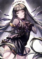 1girl absurdres arknights black_dress black_eyes black_gloves black_hair black_halo cowboy_shot dark_halo dress frills gloves gold halo highres long_hair looking_at_viewer mole mole_under_eye official_alternate_costume ramel scanlines solo standing thigh_strap very_long_hair virtuosa_(arknights) virtuosa_(diversity_oneness)_(arknights) yellow_pupils