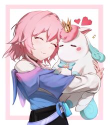 1girl =_= ^_^ absurdres animal animal_hug belt black_choker black_skirt blue_belt blue_jacket blush_stickers choker closed_eyes commentary crown english_commentary heart highres hofmus_(hofmuss458) honkai:_star_rail honkai_(series) jacket little_ica_(honkai:_star_rail) long_sleeves march_7th_(honkai:_star_rail) march_7th_(preservation)_(honkai:_star_rail) mini_crown pink_hair shirt short_hair skirt smile sparkle upper_body white_background white_shirt