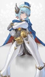 1girl absurdres android blue_cape blue_eyes blue_hair blunt_bangs breasts cape double_bun genshin_impact hair_bun hat highres ineffa_(genshin_impact) joints large_breasts looking_at_viewer open_mouth pi_tayuko robot_girl robot_joints short_hair sitting solo